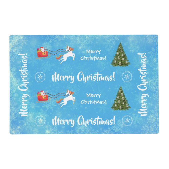 Merry Christmas Trees Santa Glitter Unicorn Blue  Placemat (Front)