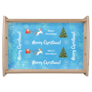 Merry Christmas Trees Santa Glitter Unicorn Blue Serving Tray