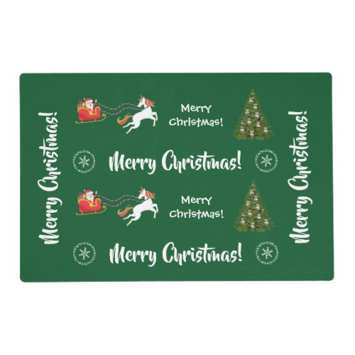 Merry Christmas Trees Santa Glitter Unicorn Green Placemat