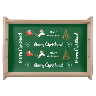 Merry Christmas Trees Santa Glitter Unicorn Green Serving Tray