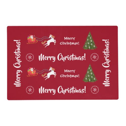 Merry Christmas Trees Santa Glitter Unicorn Red Placemat