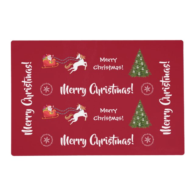 Merry Christmas Trees Santa Glitter Unicorn Red Placemat (Front)