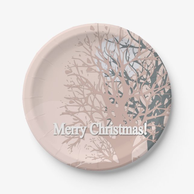 Merry Christmas trees silhouette in blush pink bei Paper Plates (Front)