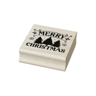 Merry Christmas Trees Snow Flakes Elegant Vintage Rubber Stamp
