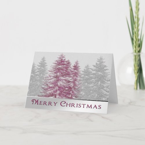 MERRY CHRISTMAS _ TREES_SNOW_PINK_SILVERGRAY HOLIDAY CARD