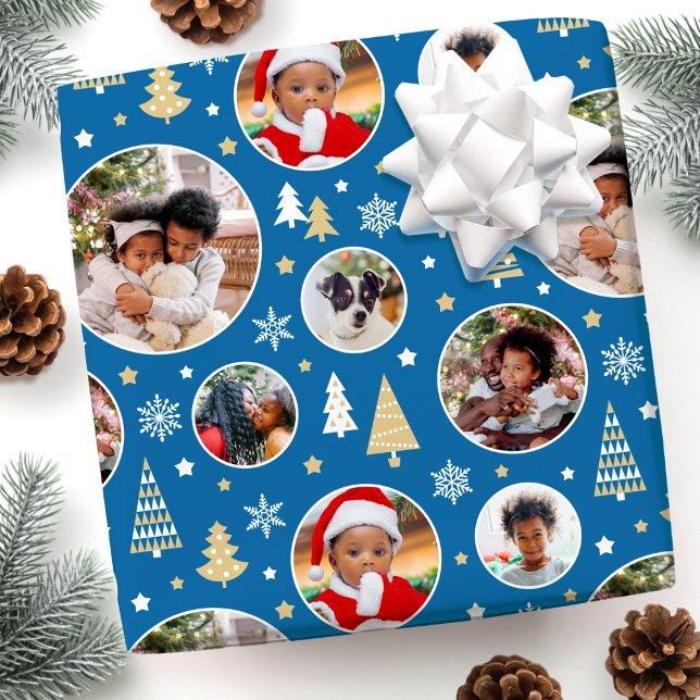 Merry Christmas Trees Snowflakes Photo Blue Wrapping Paper (Creator Uploaded)
