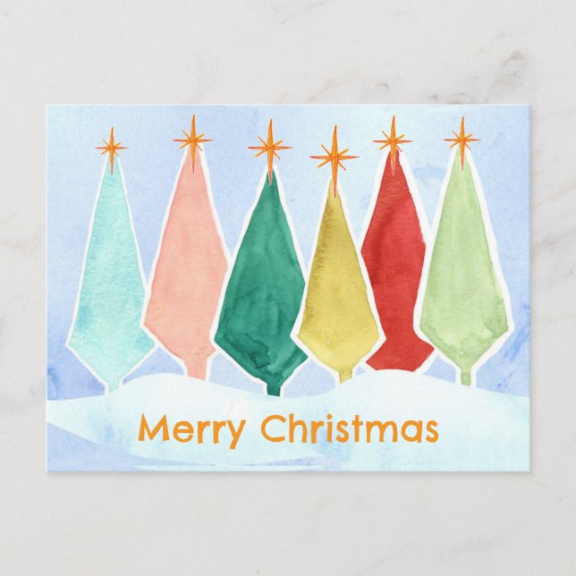 Merry Christmas Trees Star Snow Watercolor Holiday Postcard (Front)