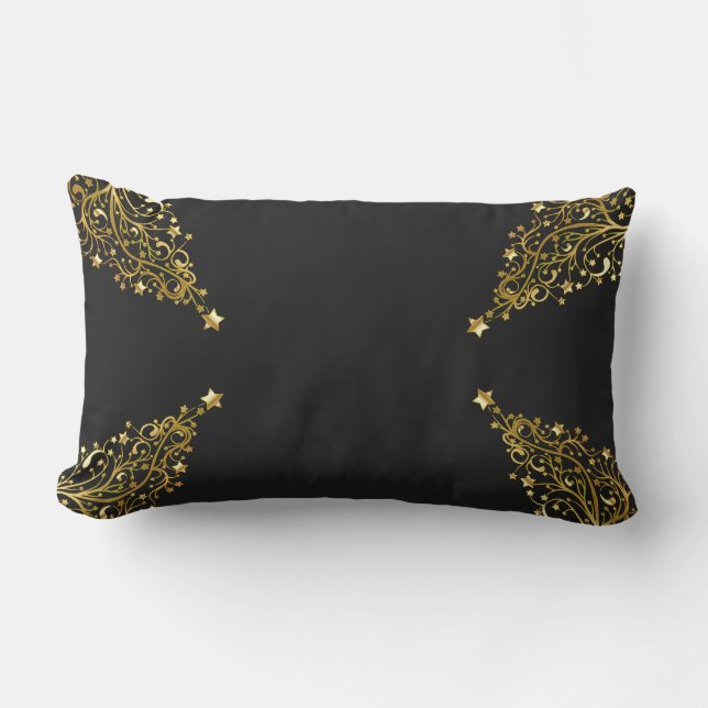 Merry Christmas Trees Stars Black Gold Shiny Chic Outdoor Pillow (Front)