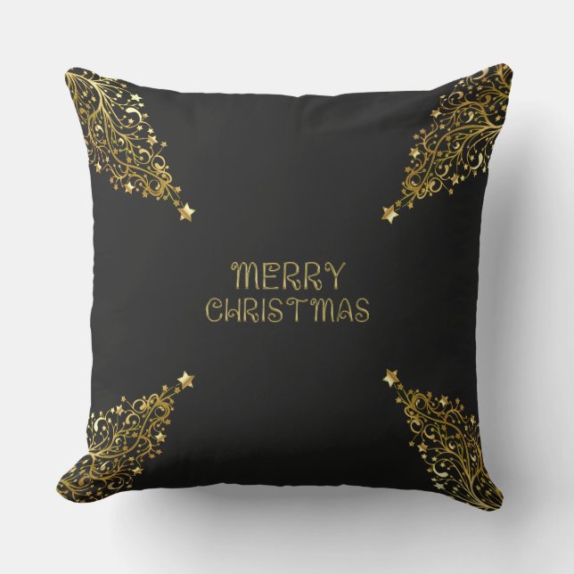 Merry Christmas Trees Stars Black Gold Shiny Chic Outdoor Pillow (Front)