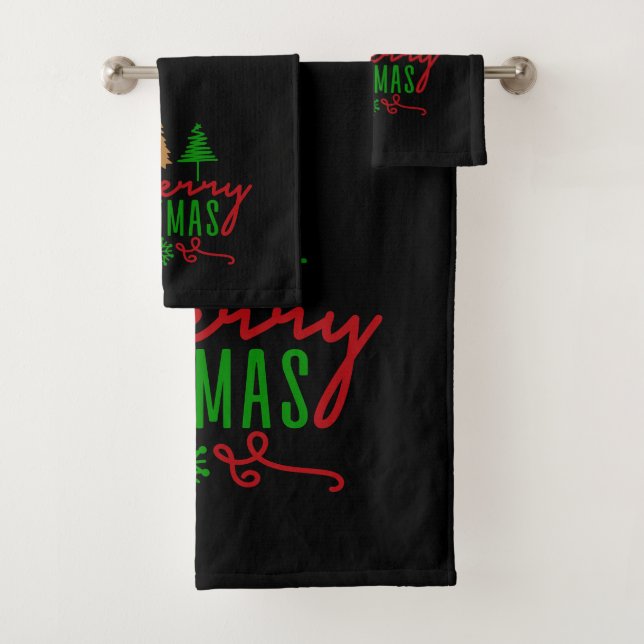 Merry Christmas Trees Text On Black Bath Towel Set (Insitu)