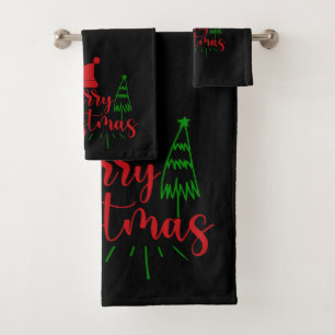 Merry Christmas Trees Text On Black Bath Towel Set