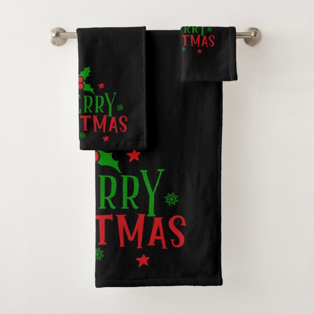 Merry Christmas Trees Text On Black Bath Towel Set (Insitu)