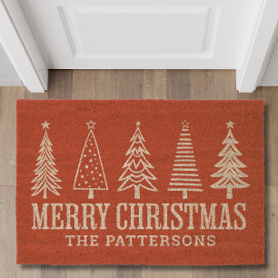 Merry Christmas Trees Typography Personalized Name Fiber Doormat