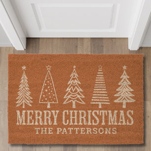 Merry Christmas Trees Typography Personalized Name Fiber Doormat