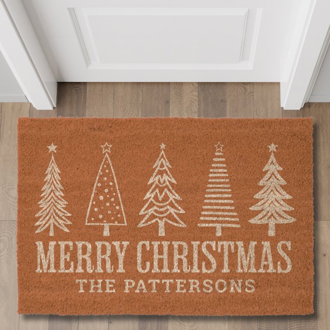 Merry Christmas Trees Typography Personalized Name Fiber Doormat (Creator Uploaded)