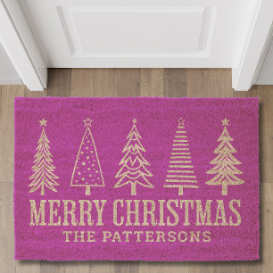Merry Christmas Trees Typography Personalized Name Fiber Doormat