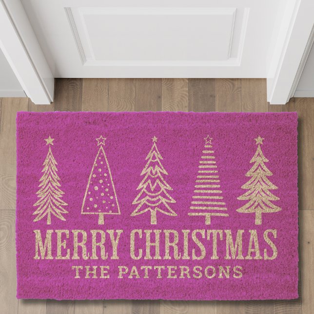 Merry Christmas Trees Typography Personalized Name Fiber Doormat (Creator Uploaded)