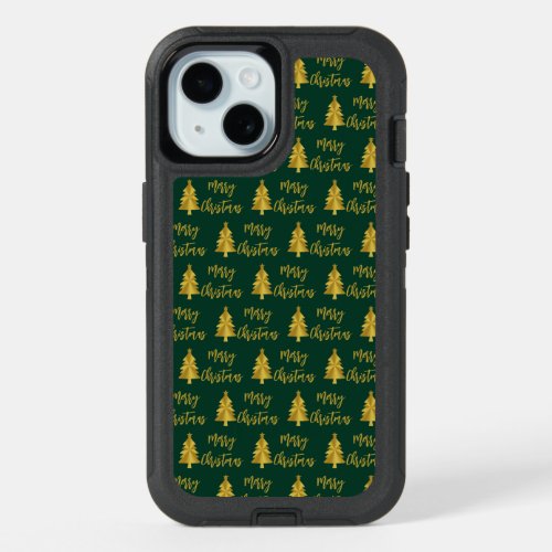 Merry Christmas Trees Very Dark Green Gold Script iPhone 15 Case