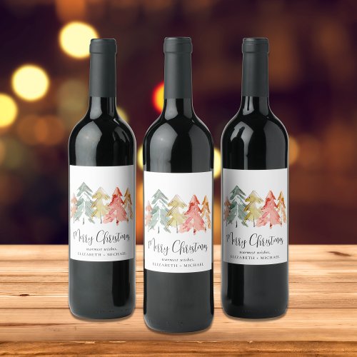 Merry Christmas Trees Watercolor Wine Label
