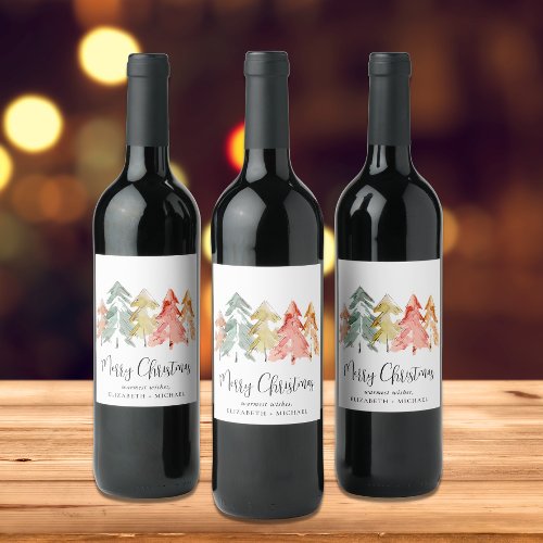 Merry Christmas Trees Watercolor Wine Label