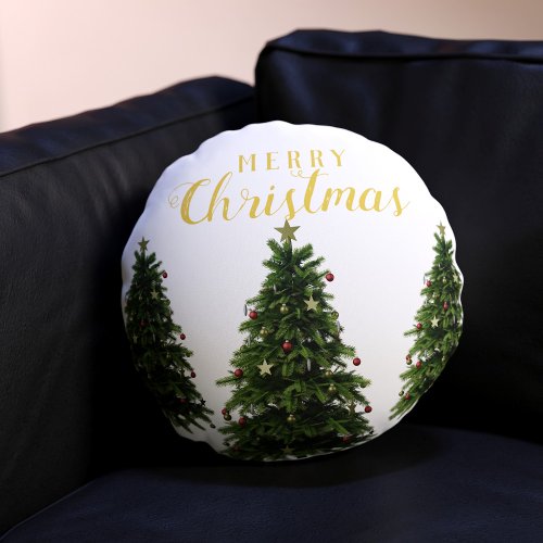 Merry Christmas Trees Winter White Double Sided Round Pillow