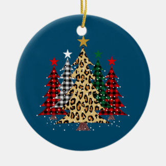 Merry Christmas Trees with Buffalo Plaid & Leopard Ceramic Ornament