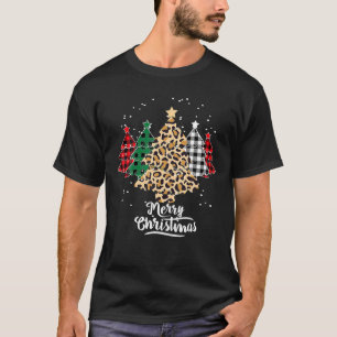 Merry Christmas Trees With Buffalo Plaid Leopard T-Shirt
