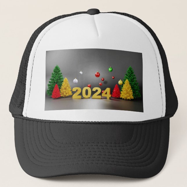 Merry Christmas Trees with Year 2024 Printed Image Trucker Hat (Front)