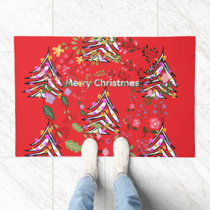 Merry Christmas Trees + Wreath Red Doormat