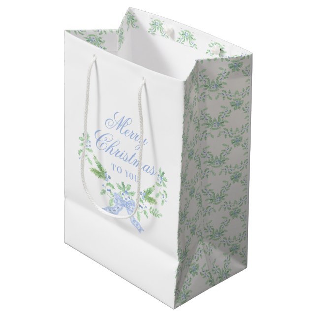 Merry Christmas Trellis and Swag with Blue Bow Medium Gift Bag (Front Angled)
