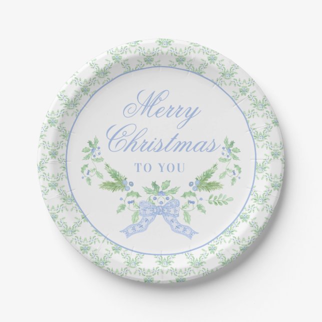 Merry Christmas Trellis and Swag with Blue Bow Paper Plates (Front)