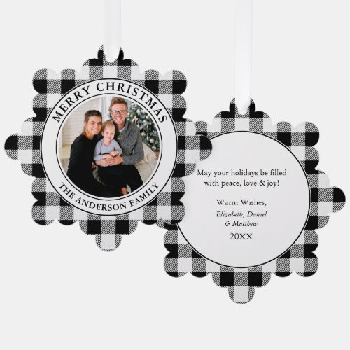Merry Christmas Trendy Black and White Plaid Ornament Card
