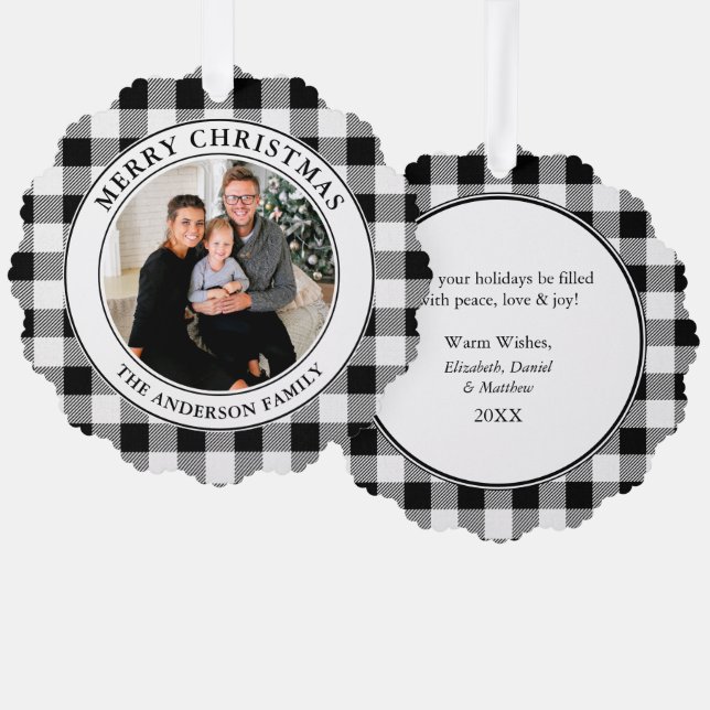 Merry Christmas Trendy Black White Plaid Ornament Card (Front/Back)