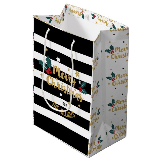 Merry Christmas Trendy Gold Glitter Text Design Medium Gift Bag (Front Angled)