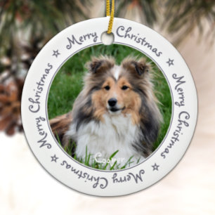 Merry Christmas Trendy Gray Unique Pet Dog Photo Ceramic Ornament