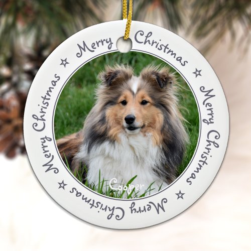 Merry Christmas Trendy Gray Unique Pet Dog Photo Ceramic Ornament