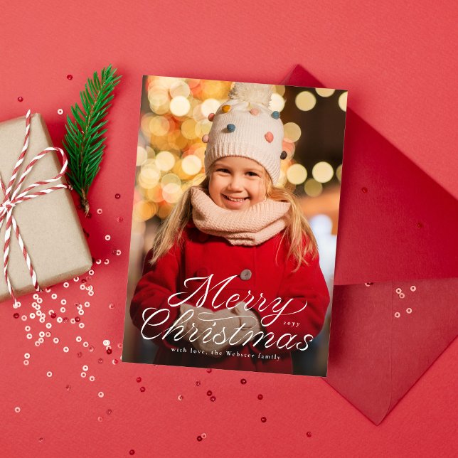 Merry Christmas trendy ribbon script one photo  Holiday Card (Creator Uploaded)