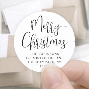 Merry Christmas Trendy Script Round Return Address Classic Round Sticker