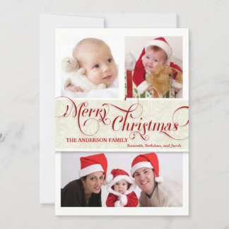 Merry Christmas Tri-Photo Flat Card - Red & White