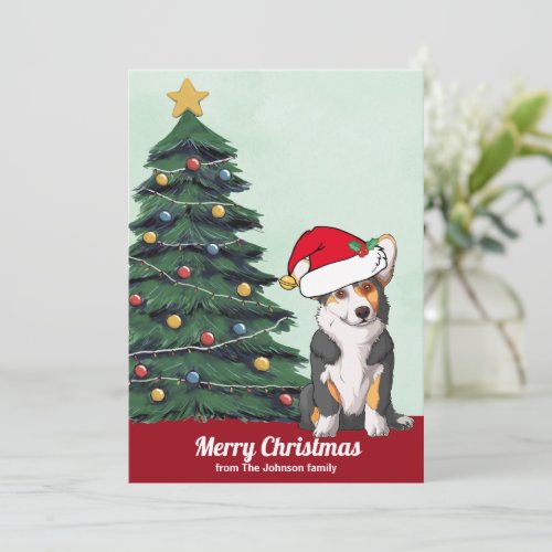Merry Christmas Tricolor Corgi in Santa Hat Cute Holiday Card