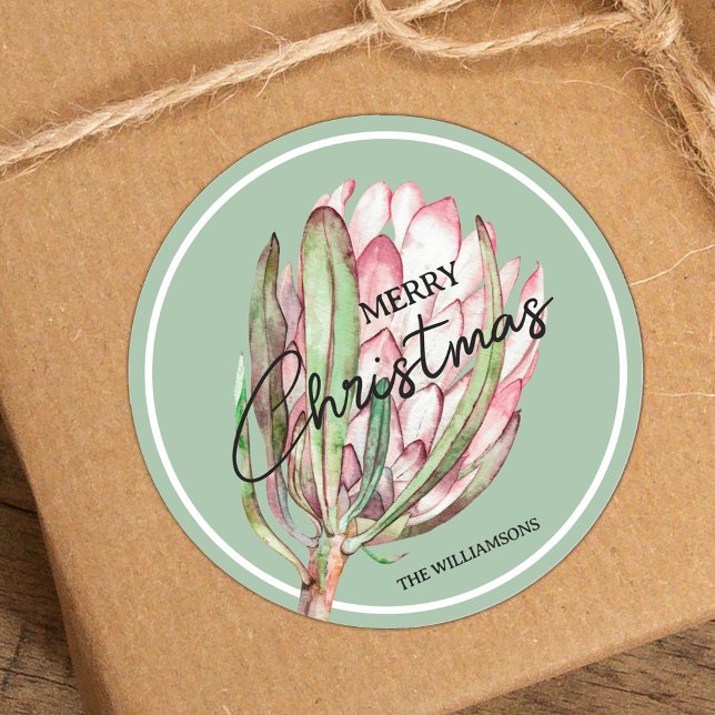 Merry Christmas Tropical Flower Classic Round Sticker (Creator Uploaded)