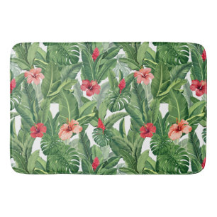 Merry Christmas Tropical Flower Leaf Green Red Bath Mat