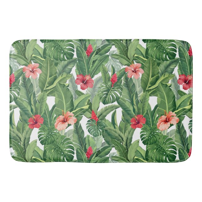 Merry Christmas Tropical Flower Leaf Green Red Bath Mat (Front)
