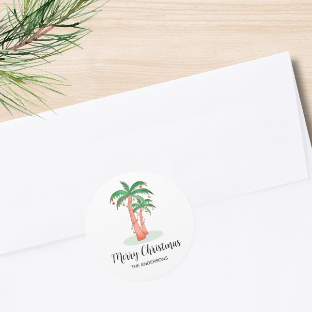 Merry Christmas Tropical Palm Tree Classic Round Sticker (Creator Uploaded)