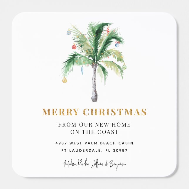 Merry Christmas Tropical Palm Tree We Are Moving Square Sticker (Single)
