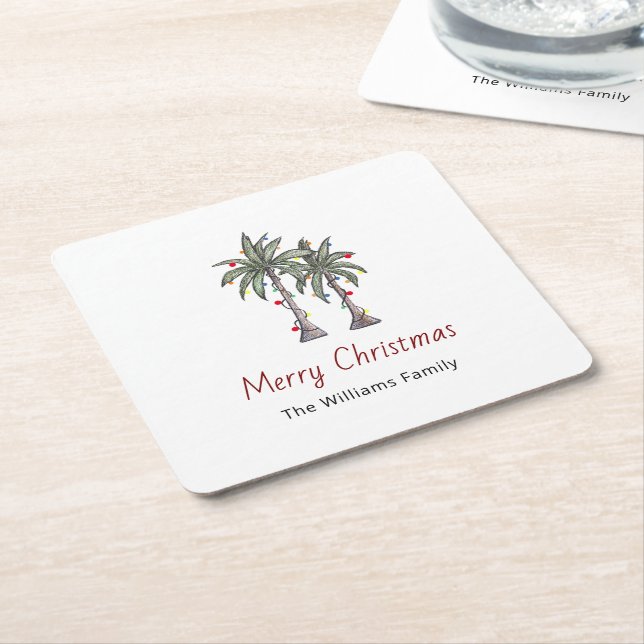 Merry Christmas Tropical Palm Trees Beach  Square Paper Coaster (Angled)