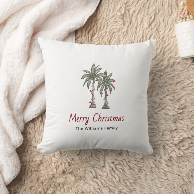 Merry Christmas Tropical Palm Trees Beach  Throw Pillow (Blanket)