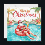 Merry Christmas Tropical Santa Summer Pool Party Holiday Card<br><div class="desc">Celebrate Christmas with sunshine and style! This watercolor invitation features Santa Claus in a summer suit and sunglasses, lounging on a pool float with a festive drink. Surrounded by palm trees, ornaments, and tropical décor, it’s the perfect mix of holiday cheer and beach vibes. The elegant “Merry Christmas” text on...</div>