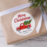 Merry Christmas Truck and Christmas Trees Holiday Classic Round Sticker<br><div class="desc">This classic design showcases a festive red truck loaded with Christmas trees,  bringing a sense of nostalgia to your celebrations. Perfect for decorating holiday cards,  sealing envelopes,  or adding a personalized touch to your Christmas gifts.</div>