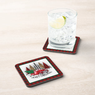 Merry Christmas truck and trees Beverage Coaster